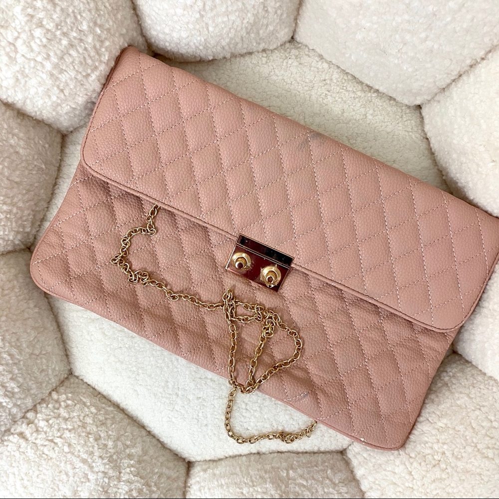 Mauve Pink Quilted Envelope Clutch with Gold HW